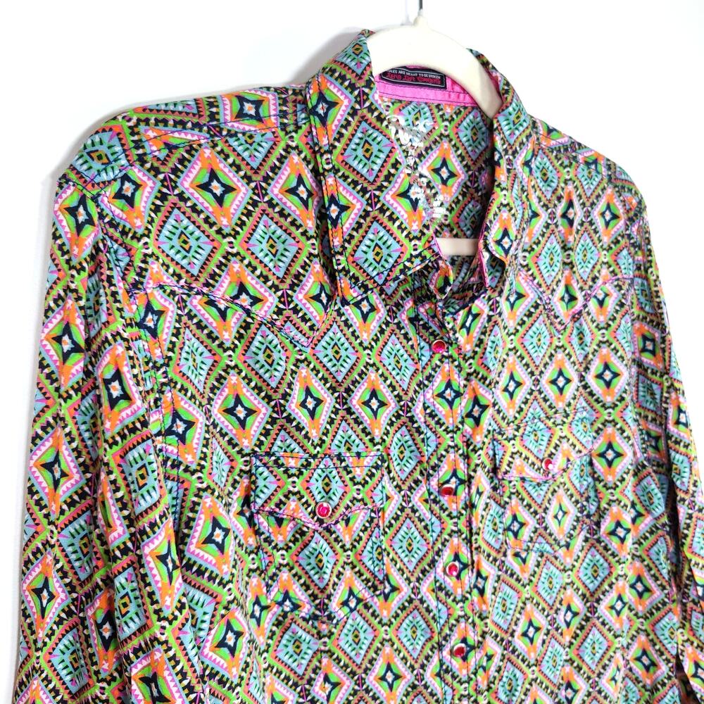 Rock 47 Wrangler Western Snap Shirt Diamond Print Colorful Women's L‎ Cowgirl
